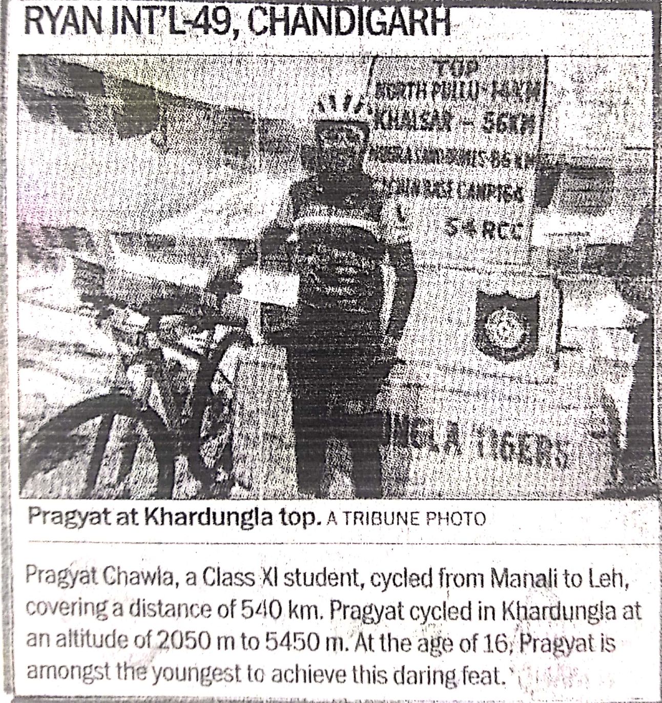 Pragyat Chawla ( Achievement in Cycle rally) was featured in The Times of India - Ryan International School, Chandigarh